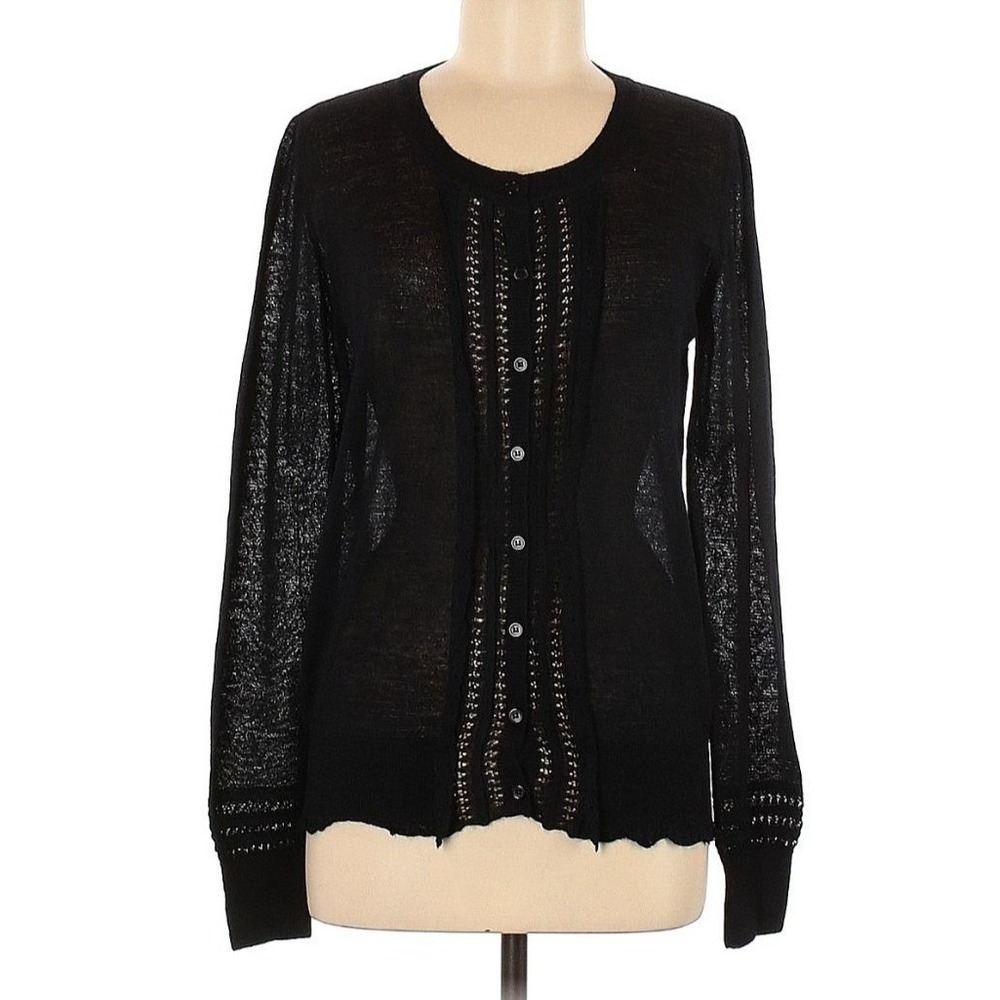 René Lezard Alpaca Cardigan Black Lace Ruffle Size M Lightweight Quiet‎ Luxury